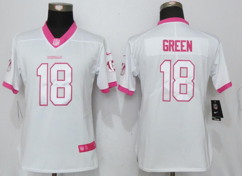 Women Cincinnati Bengals #18 Green Matthews White Pink Stitched Rush Fashion Nike NFL Jerseys->->Women Jersey